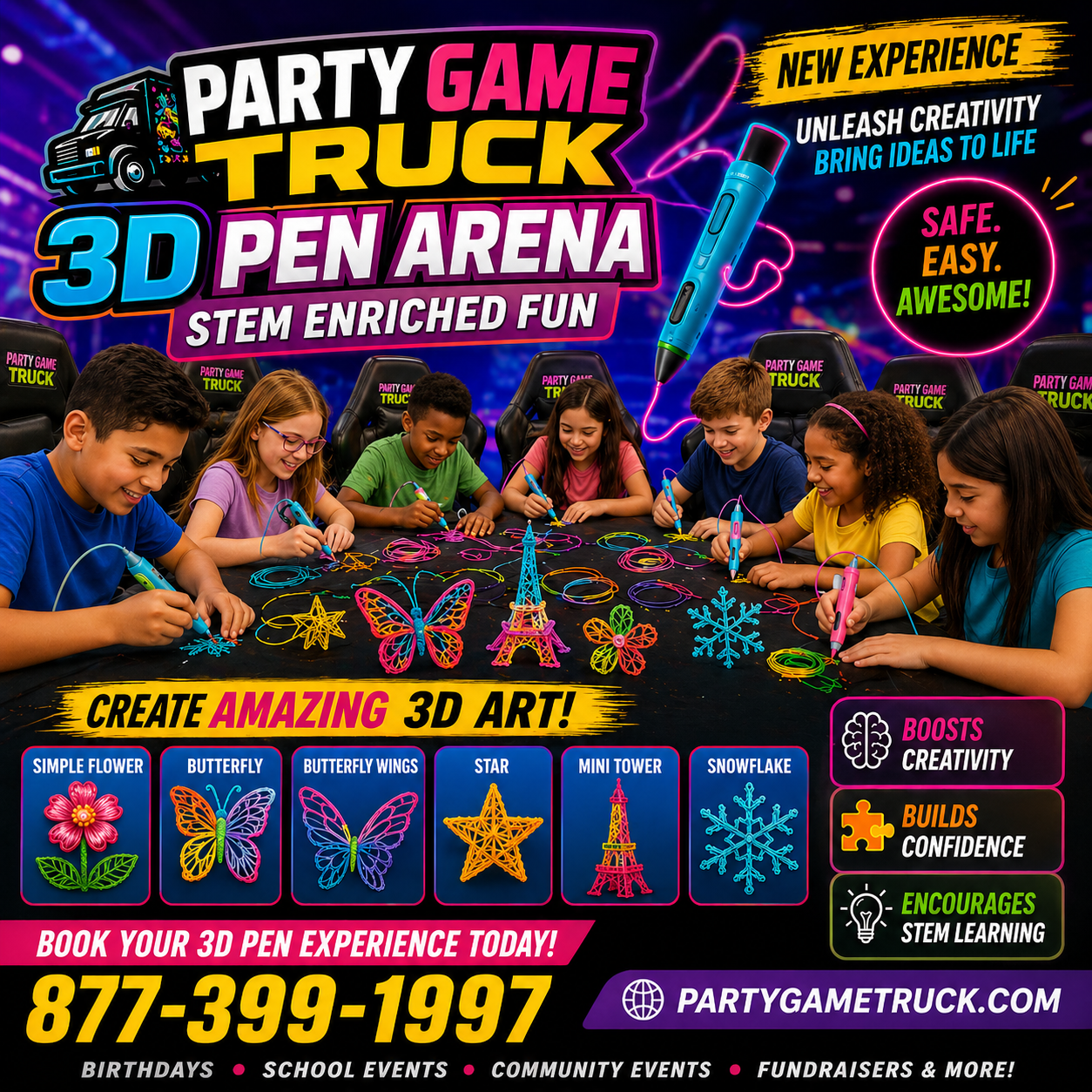 Kids using 3D pens at Party Game Truck 3D Creator Arena event — birthday parties, school STEM nights and block parties in Maryland