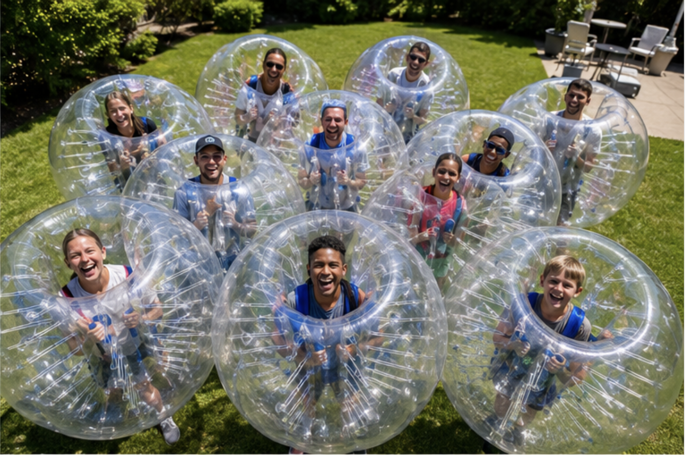 Group playing bubble soccer at outdoor event