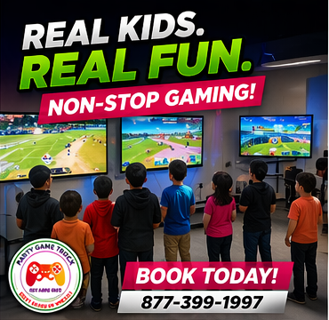 Kids gaming on big screens at a Party Game Truck indoor arena event