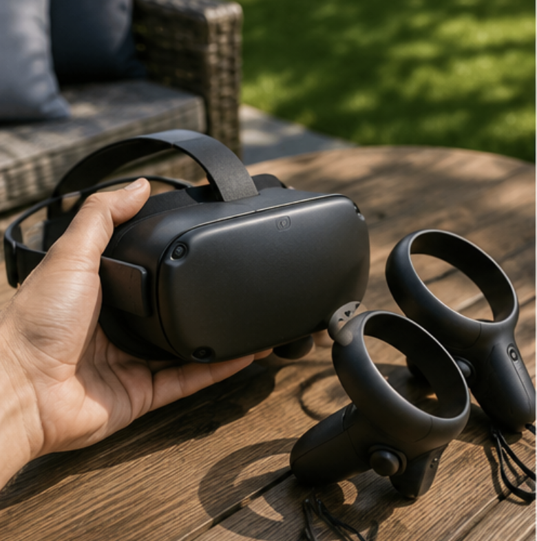 Close-up of a Meta Quest 2 VR headset and controllers on an outdoor table