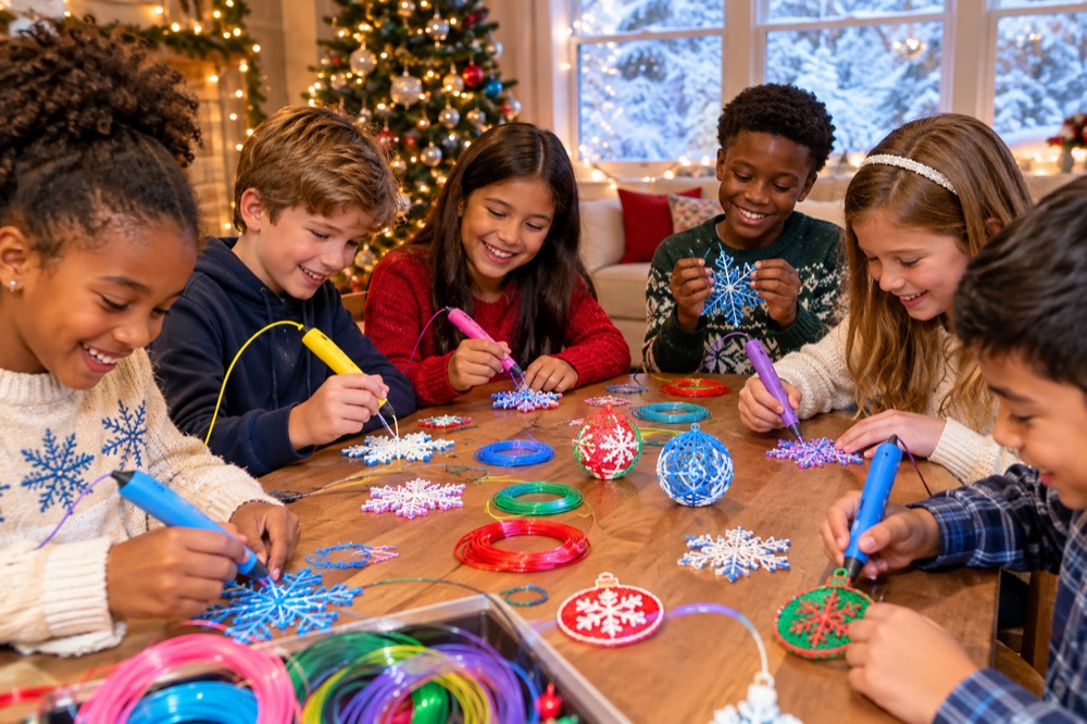 Kids building winter ornaments with 3D pens at a holiday party at home